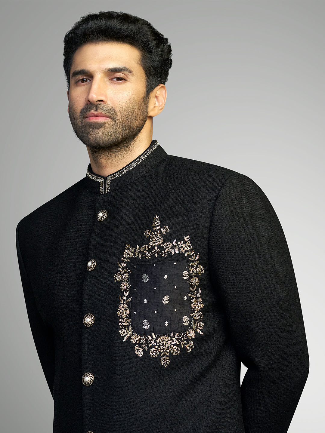 Black Embroidered Matka Silk Sherwani Set – Aditya Roy Kapur Collection