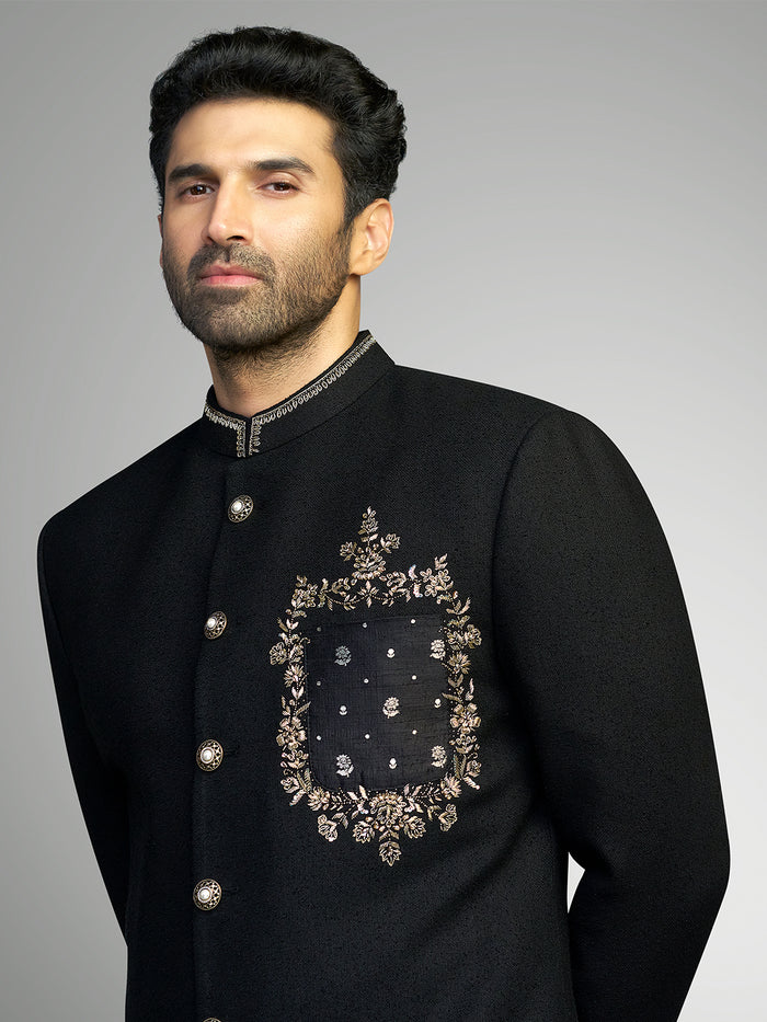 Black Embroidered Matka Silk Sherwani Set – Aditya Roy Kapur Collection