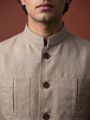 Light Brown Linen Embroidered Bandi Shirt
