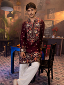Wine Satin Linen Embroidered Kurta Set with Off White Plazo Pants | Men's Festive Wear