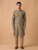 Olive Green Silk Kurta Set with Antique Gold Aligarhi for Men – Ethnic Wear - KORANM