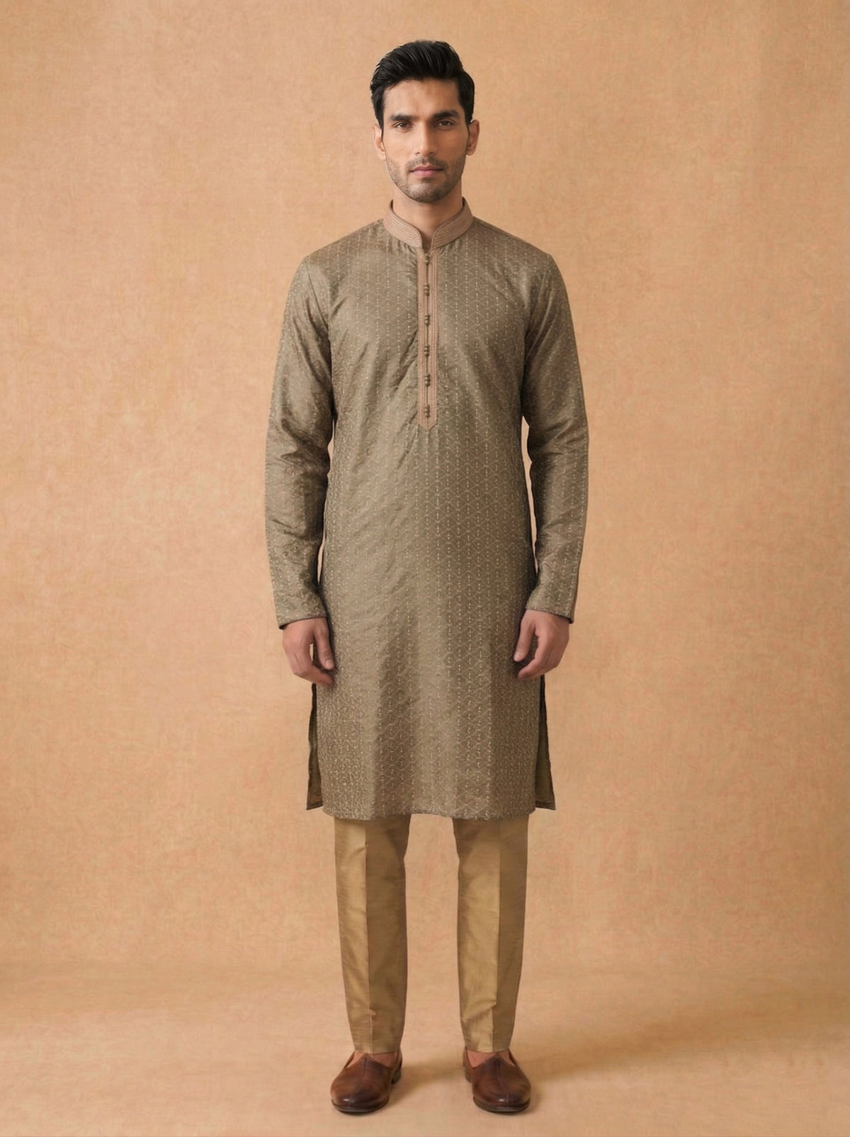 Olive Green Silk Kurta Set with Antique Gold Aligarhi for Men – Ethnic Wear - KORANM
