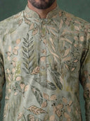 Green Silk Kurta Set with White Aligarhi – Floral Embroidered Ethnic Wear for Men - KORANM