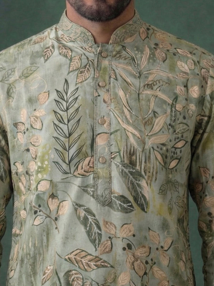 Green Silk Kurta Set with White Aligarhi – Floral Embroidered Ethnic Wear for Men - KORANM