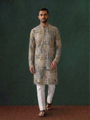 Grey Silk Kurta Set for Men with Embroidery and White Aligarhi Bottom
