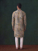 Grey Silk Kurta Set for Men with Embroidery and White Aligarhi Bottom