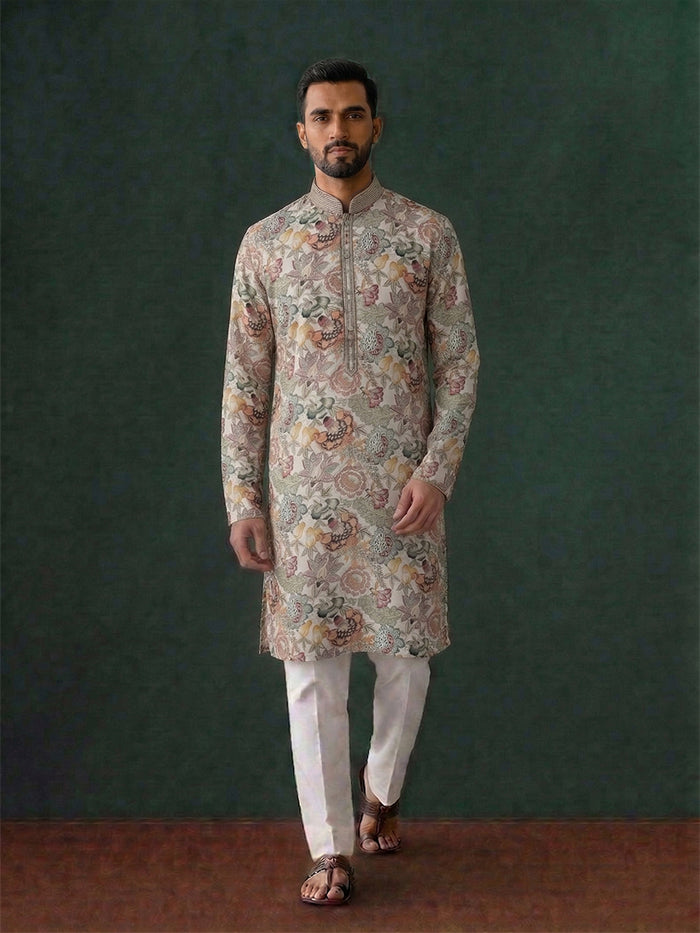 Cream Silk Kurta Set for Men with Printed Detailing & Aligarhi Trousers - KORANM