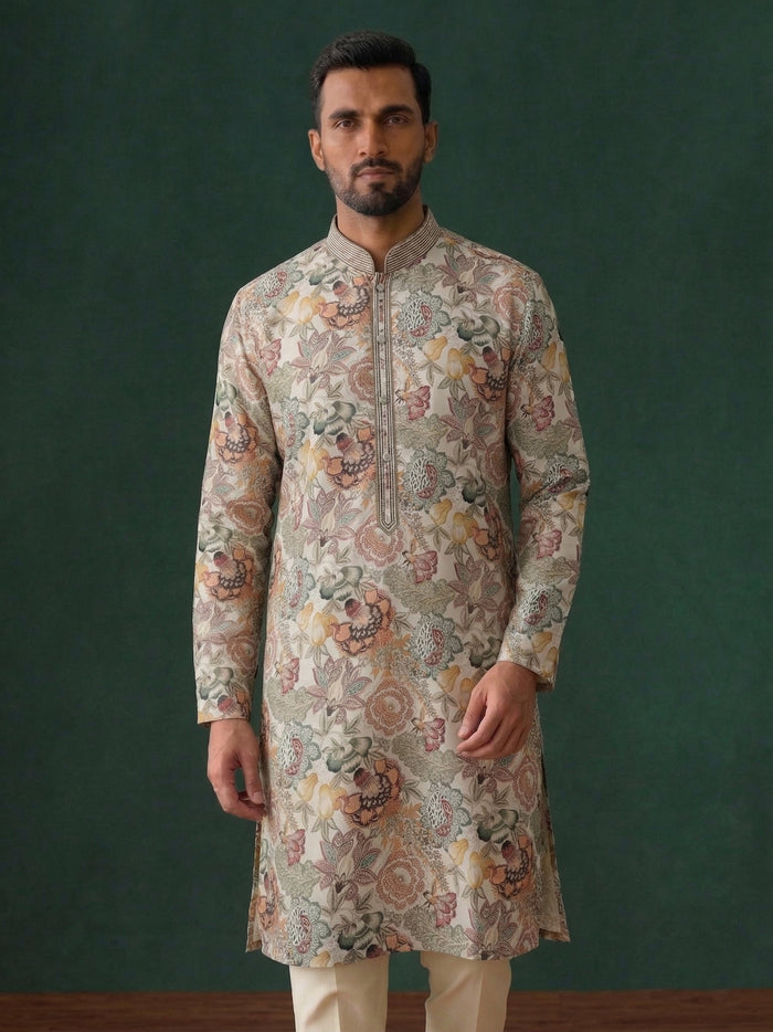 Cream Silk Kurta Set for Men with Printed Detailing & Aligarhi Trousers - KORANM