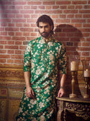 Elegant Dark Green Printed Embroidered Kurta Set