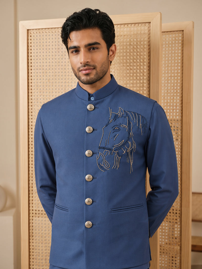 Royal Blue Terry Rayon Bandi Shirt with Animal Design Embroidery - KORANM