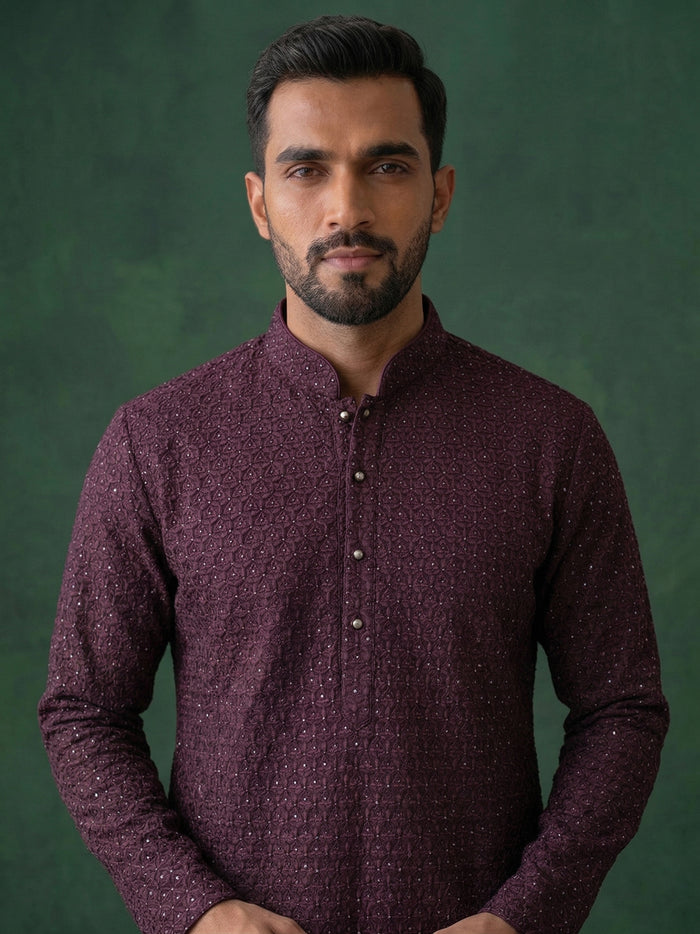 Wine Silk Kurta Set for Men with Embroidery & White Aligarhi Bottom - KORANM