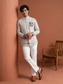 Natural Fawn Linen Multicolour Kalamkari Embroidered Bandi Shirt
