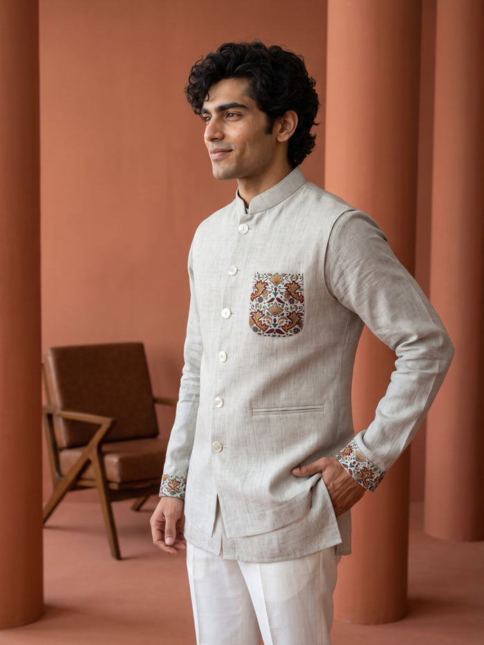 Natural Fawn Linen Multicolour Kalamkari Embroidered Bandi Shirt