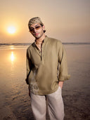 Olive Embroidered Linen Short Kurta