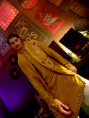 Mustard Satin Linen Embroidered Kurta Set with Off White Palazzo Pant | Men's Festive Wear