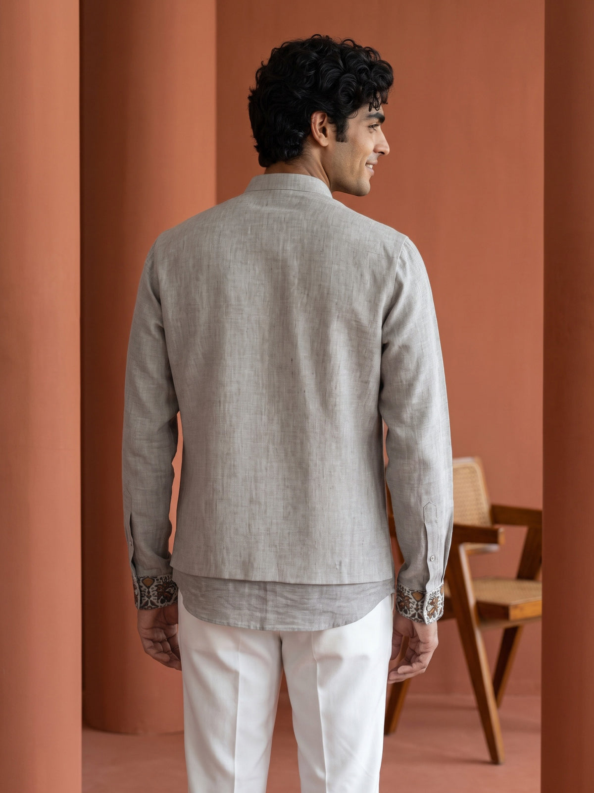 Natural Fawn Linen Multicolour Kalamkari Embroidered Bandi Shirt