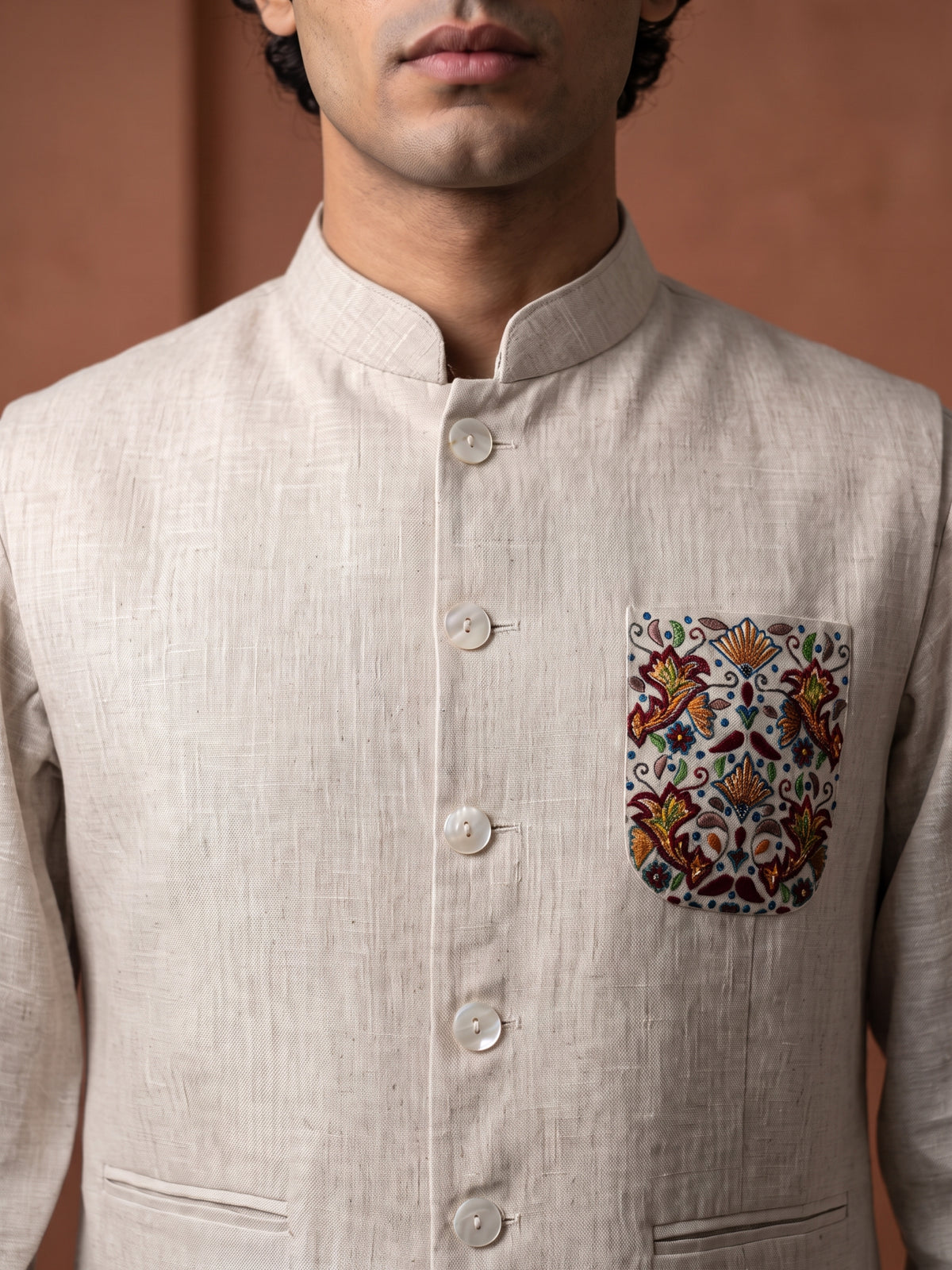 Natural Fawn Linen Multicolour Kalamkari Embroidered Bandi Shirt