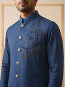 Royal Blue Terry Rayon Bandi Shirt with Animal Design Embroidery