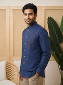 Royal Blue Terry Rayon Bandi Shirt with Animal Design Embroidery