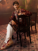 Wine Satin Linen Embroidered Kurta Set with Off White Plazo Pants | Men's Festive Wear