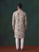 Cream Silk Kurta Set for Men with Printed Detailing & Aligarhi Trousers