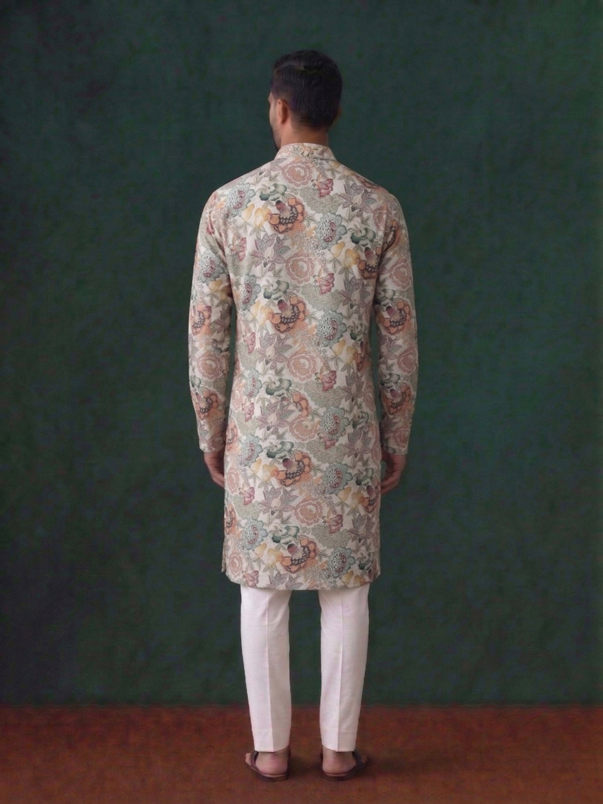 Cream Silk Kurta Set for Men with Printed Detailing & Aligarhi Trousers - KORANM