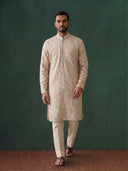 Blue Silk Kurta Set with Cream Aligarhi for Men – Embroidered Ethnic Wear - KORANM