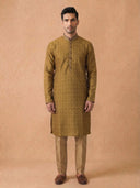 Mustard Jacquard Silk Kurta Set with Antique Gold Aligarhi for Men – Royal Ethnic Wear - KORANM