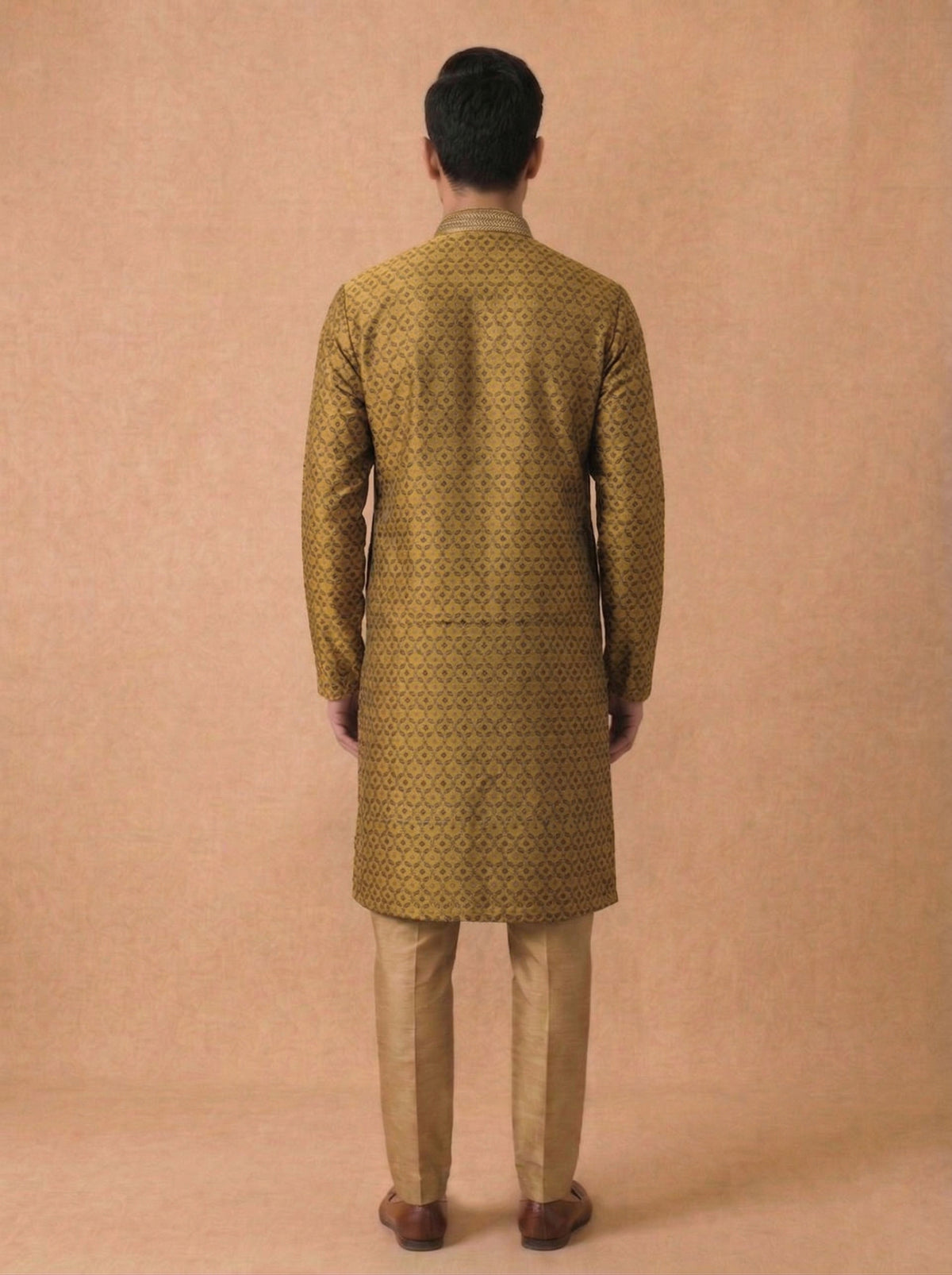 Mustard Jacquard Silk Kurta Set with Antique Gold Aligarhi for Men – Royal Ethnic Wear - KORANM