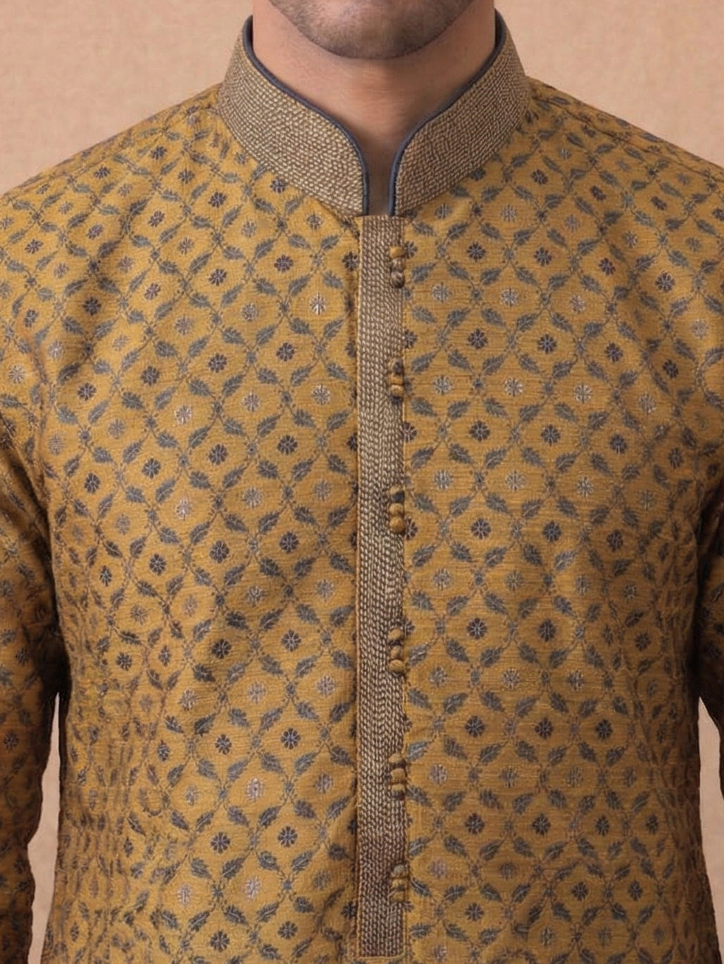 Mustard Jacquard Silk Kurta Set with Antique Gold Aligarhi for Men – Royal Ethnic Wear - KORANM