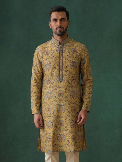 Mustard Floral Silk Kurta Set with White Aligarhi for Men – Festive & Wedding Wear