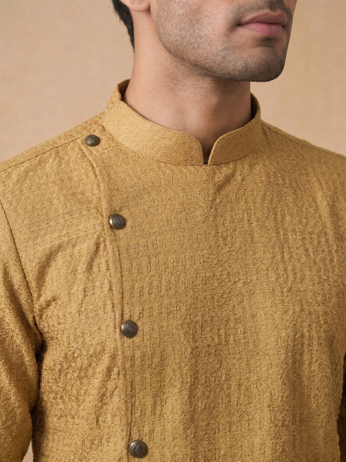 Mustard Silk Kurta Set with White Aligarhi for Men – Classic Ethnic Wear - KORANM