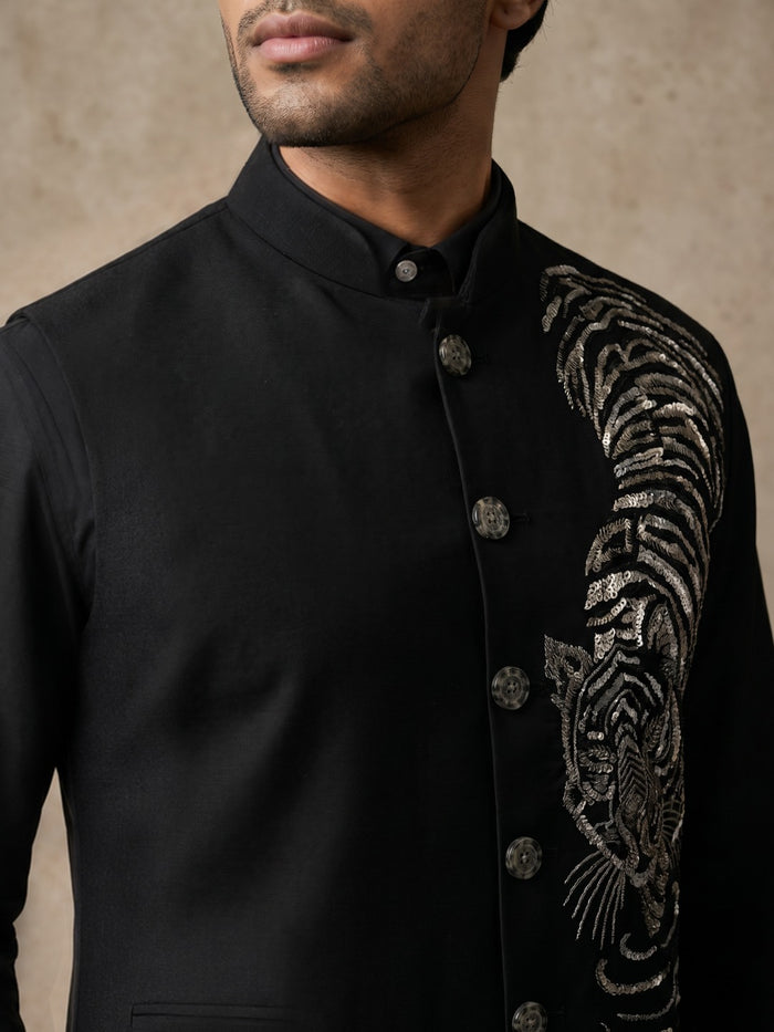 Black Terry Rayon Bandi Shirt with Tiger Design Embroidery