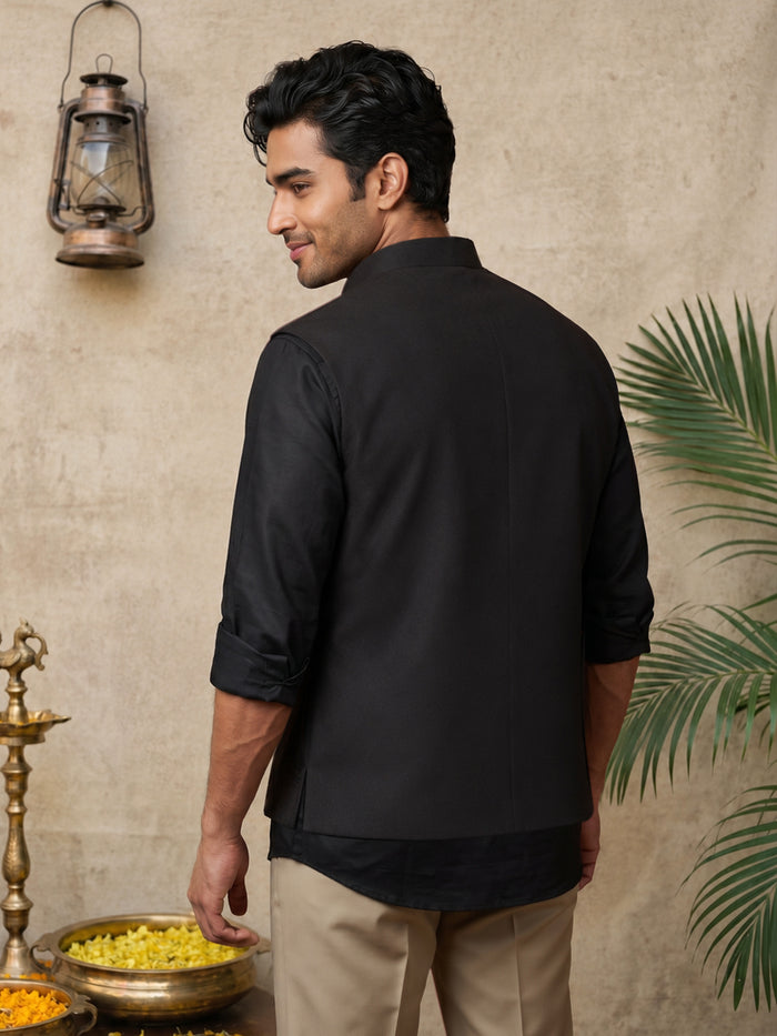 Black Terry Rayon Bandi Shirt with Tiger Design Embroidery