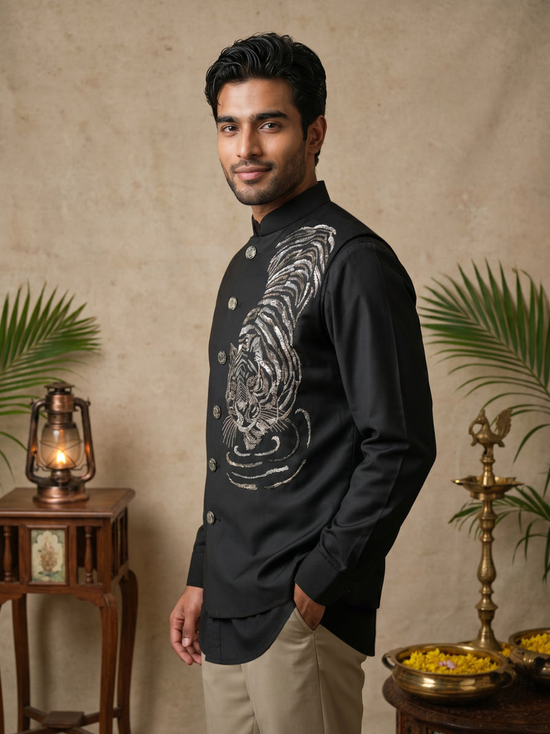 Black Terry Rayon Bandi Shirt with Tiger Design Embroidery - KORANM