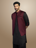 Black Slub Satin Open Bandi Kurta Set with Salwar - Aditya Roy Kapur Collection