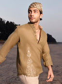 Olive Embroidered Linen Short Kurta