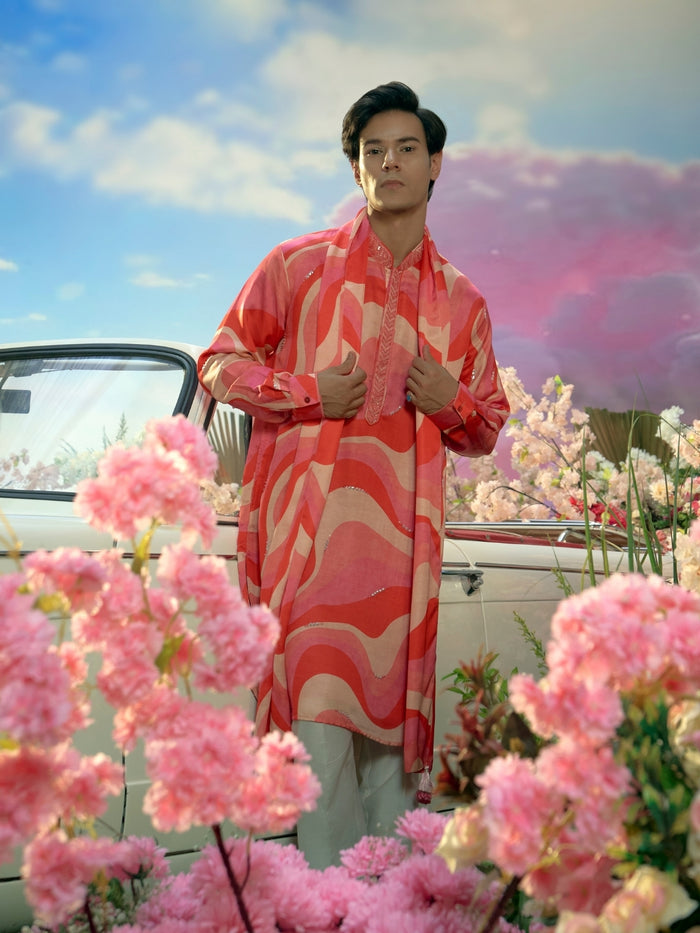 Multi-Color Linen Satin Embroidered & Printed Kurta Set with Dupatta – Carnival Collection - KORANM