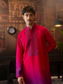 Pink Rose Silk Embroidered Kurta Set with Off White Plazo Pants | Men's Festive Wear