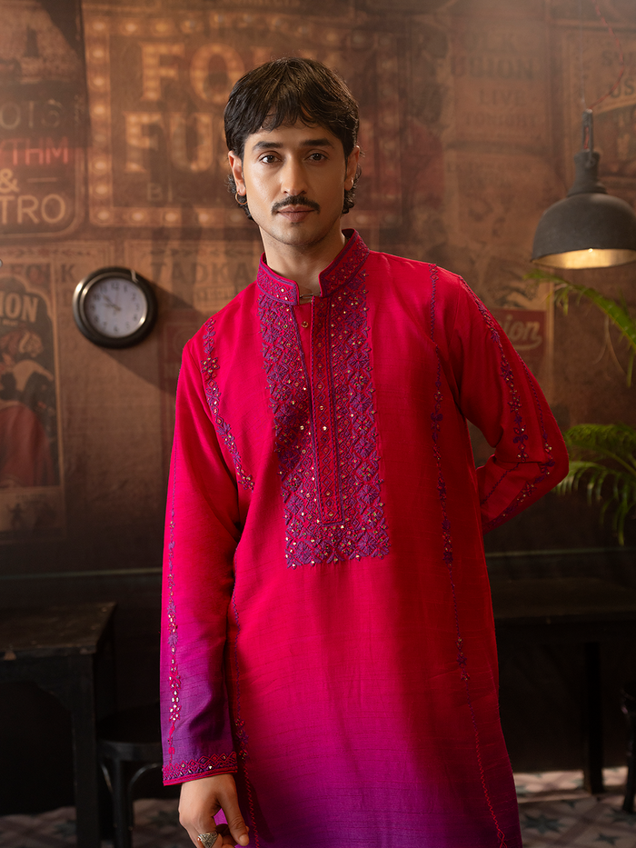 Pink Rose Silk Embroidered Kurta Set with Off White Plazo Pants | Men's Festive Wear