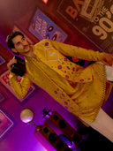Mustard Satin Linen Embroidered Kurta Set with Off White Palazzo Pant | Men's Festive Wear
