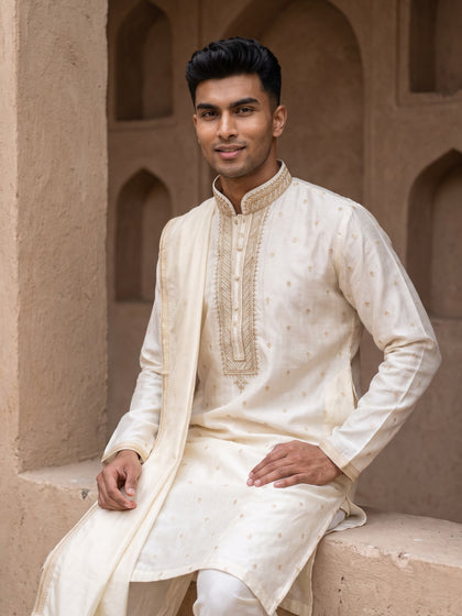 Cream Mysore Silk Embroidered Kurta Dhoti with Dupatta