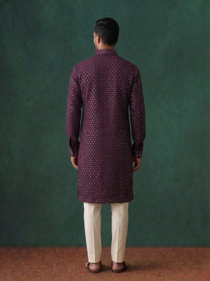 Wine Silk Kurta Set for Men with Embroidery & White Aligarhi Bottom - KORANM