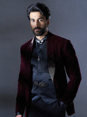 Classic Wine Velvet Embroidered Tuxedo Set with Black Pants | Worn by Meezaan Jafri | Kora by Nilesh Mitesh