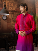 Pink Rose Silk Embroidered Kurta Set with Off White Plazo Pants | Men's Festive Wear
