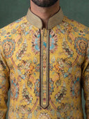 Mustard Floral Silk Kurta Set with White Aligarhi for Men – Festive & Wedding Wear - KORANM