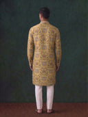 Mustard Floral Silk Kurta Set with White Aligarhi for Men – Festive & Wedding Wear - KORANM