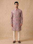 Lilac Silk Kurta Set with Cream Aligarhi – Floral Ethnic Wear for Men