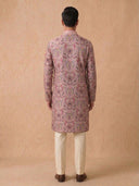 Lilac Silk Kurta Set with Cream Aligarhi – Floral Ethnic Wear for Men