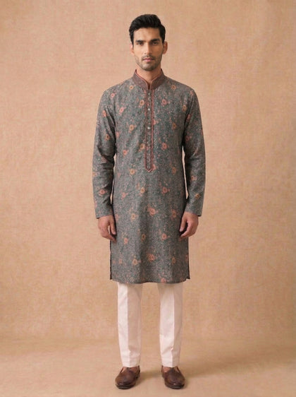Blue Jacquard Silk Kurta Set with White Aligarhi for Men – Floral Printed Ethnic Wear